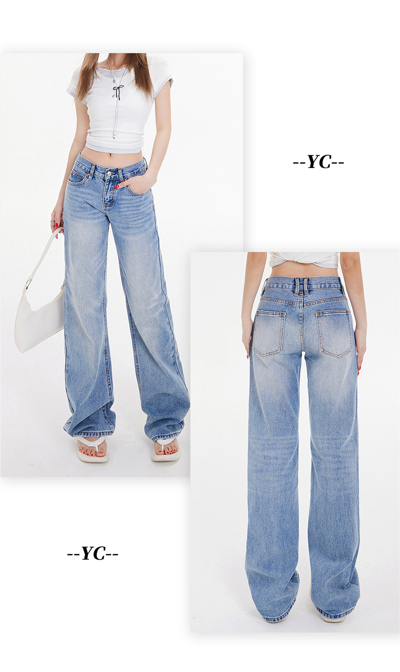 Women's Washed Wide-Leg Jeans Female Loose Slim Floor-Length Straight Pants