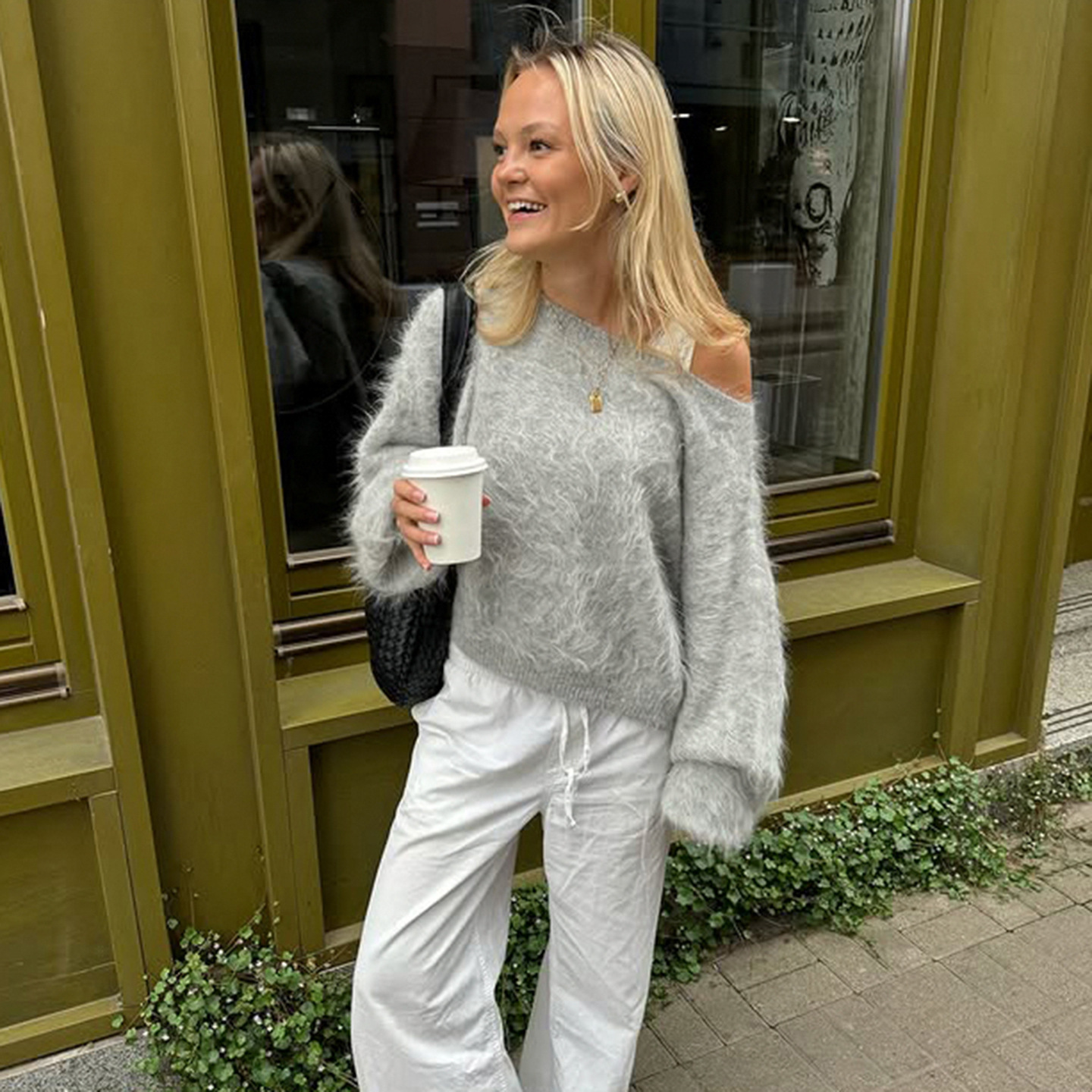 Ladies Relaxed Round Neck Plain Furry Sweater