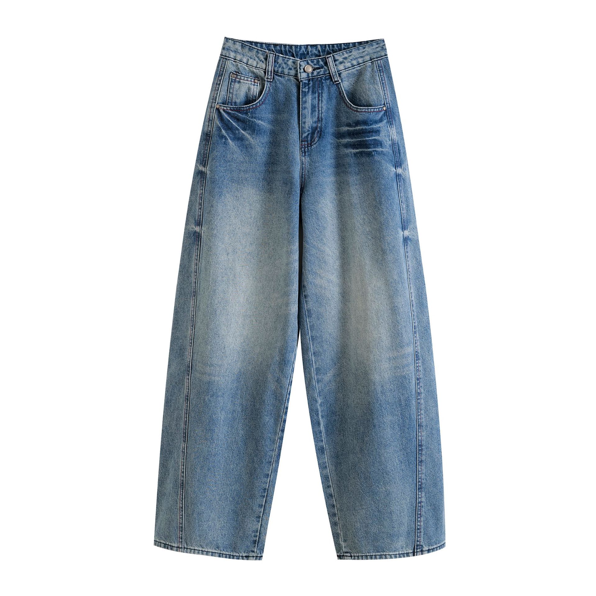 Casual loose slimming high waist wide leg scratch long jeans