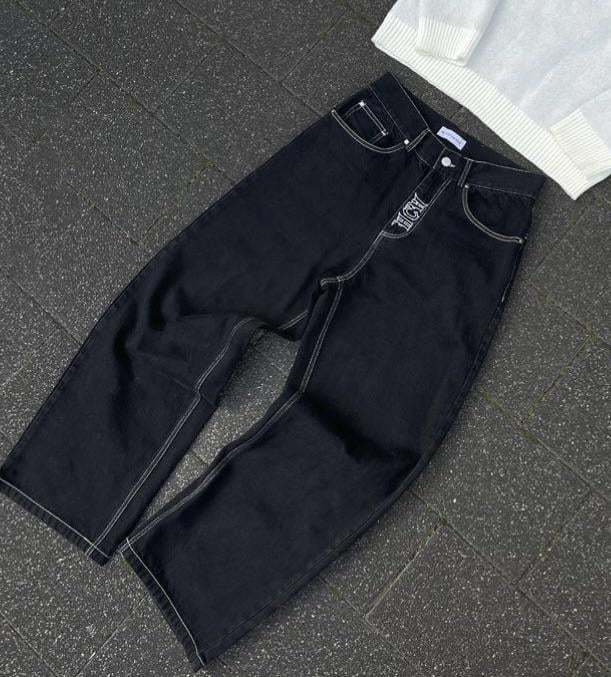 Retro hip-hop goth straight leg loose wide leg skeleton embroidered washed denim jeans for men