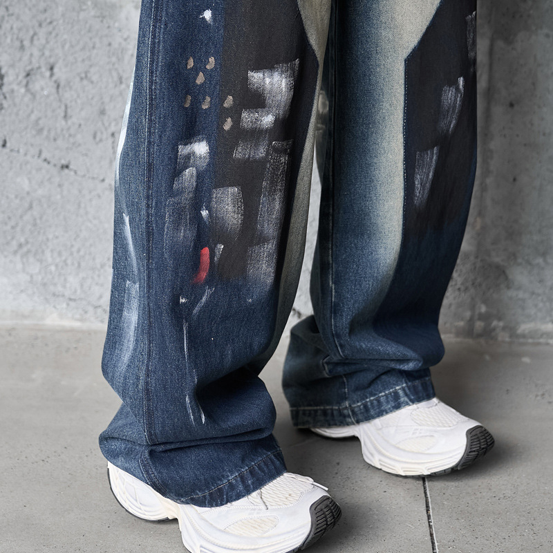 Hip-hop Style Dyed Graffiti Denim Pants for Men and Women, High Street Fashion, Straight Leg, Loose Fit, Casual Long Pants