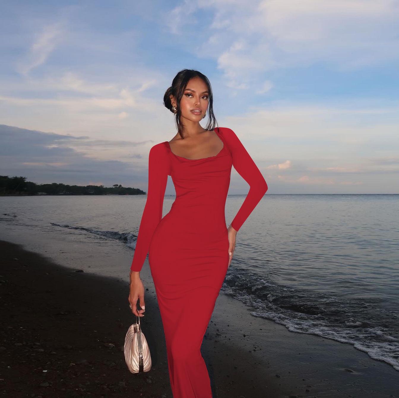 Full Sleeve V-Neck Bow Back Pencil Dress