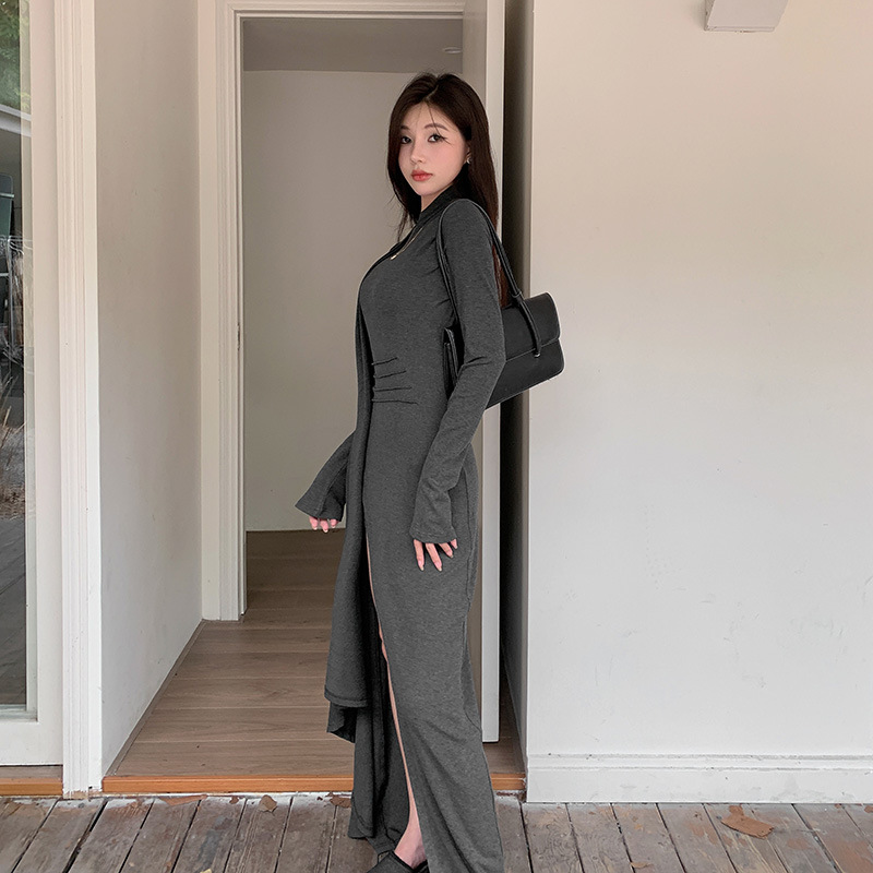 Mock Neck Full Sleeve Slit Fitted Dress