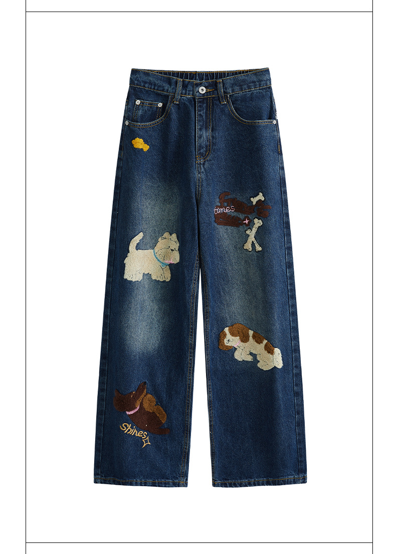 Puppy patchwork embroidered washed denim jeans
