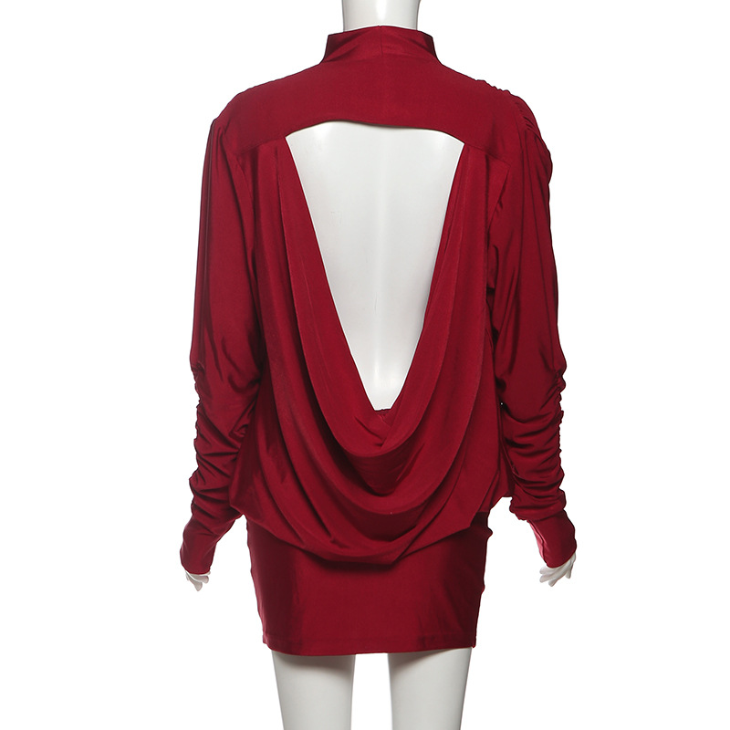 Plain Open Back Bodycon Turtleneck Full Sleeve Dress