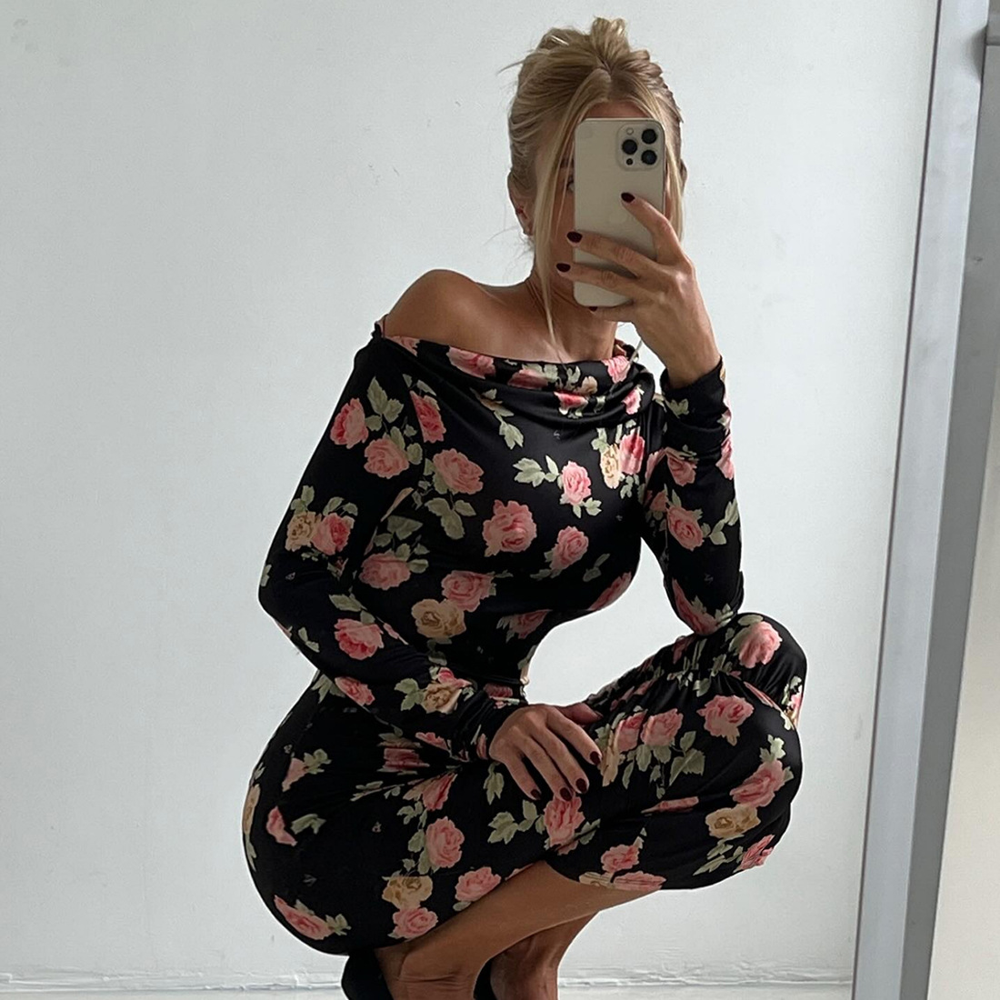 High Waist Asymmetric Full Sleeve Midi Pencil Dress