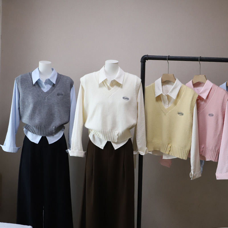 Fashion Two-Piece Set Shirt + Letter Embroidered Knit Vest for Women