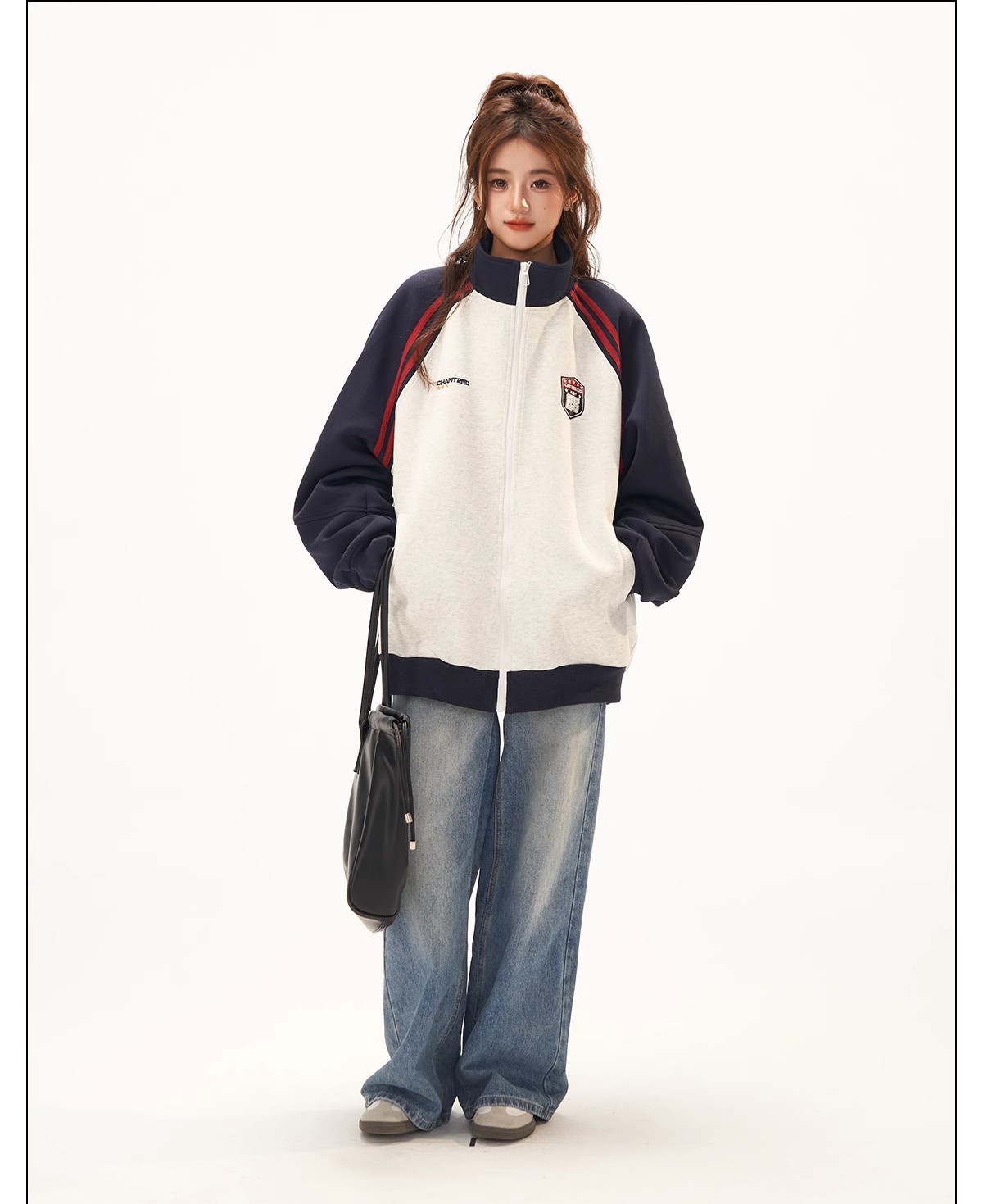 Retro Jacket for Women, High-End Patchwork Raglan Sleeve Hoodie Cardigan, Versatile Stand-Up Collar Top