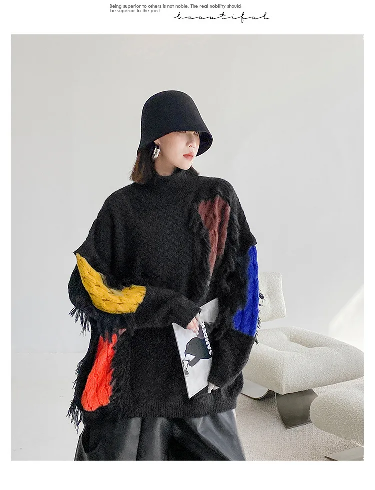 Ladies Oversized High Neck Asymmetric Paneled Fringe Sweater