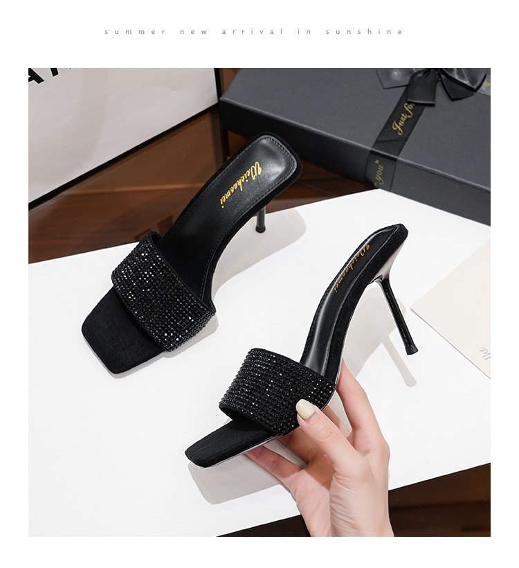 Square toe black rhinestone strap sandals stiletto high heel sandals for women