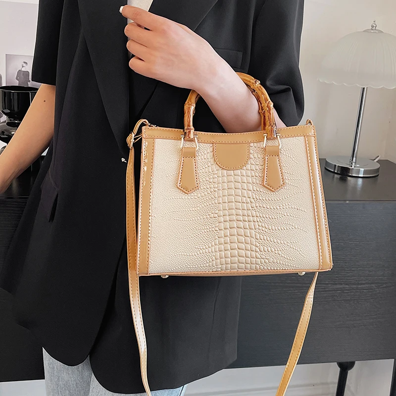 High Quality Leather Shoulder Bag For Women Luxury Alligator Handbag Designer Women Bag Retro Bamboo Handle Tote Bag Female