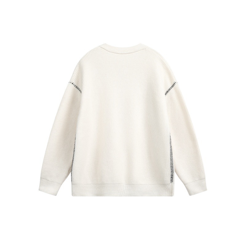 Block Hand Stitching Henley Collar Design Loose Knitwear