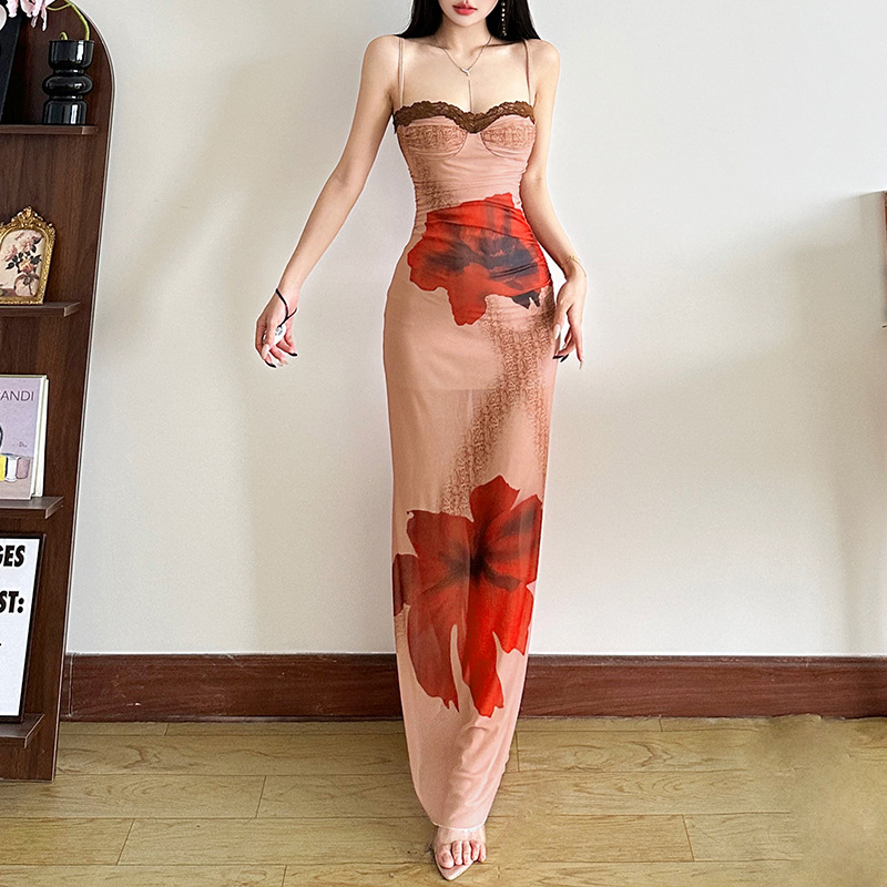 Sleeveless backless slimming color blocked lace camisole long skirt for women