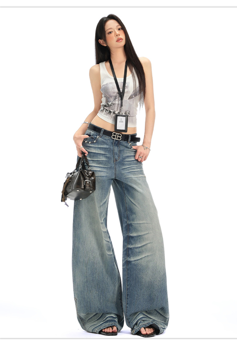 Retro Spicy Girl Washed Pleated Wide-Leg Jeans Women's Cracked Design Loose Drape Floor-Length Pants
