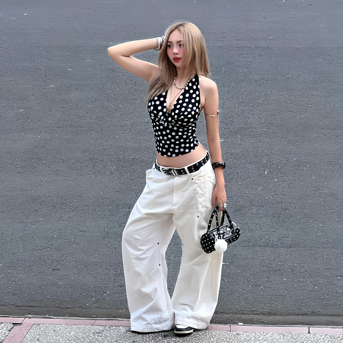 Unique Spicy Girl Women's Wide Leg Jeans with Rivet Decoration, Irregular Design, Loose Fit Casual Long Pants for Women