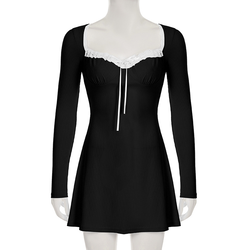 Lace Splicing Pleated Tie V-neck Dress Versatile Slimming Waist Short Skirt