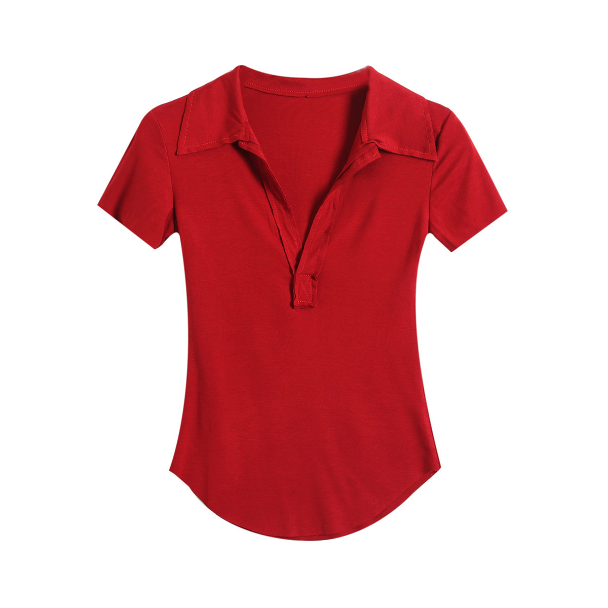 Plain Spandex Plunge Frayed Rounded Slim Tee