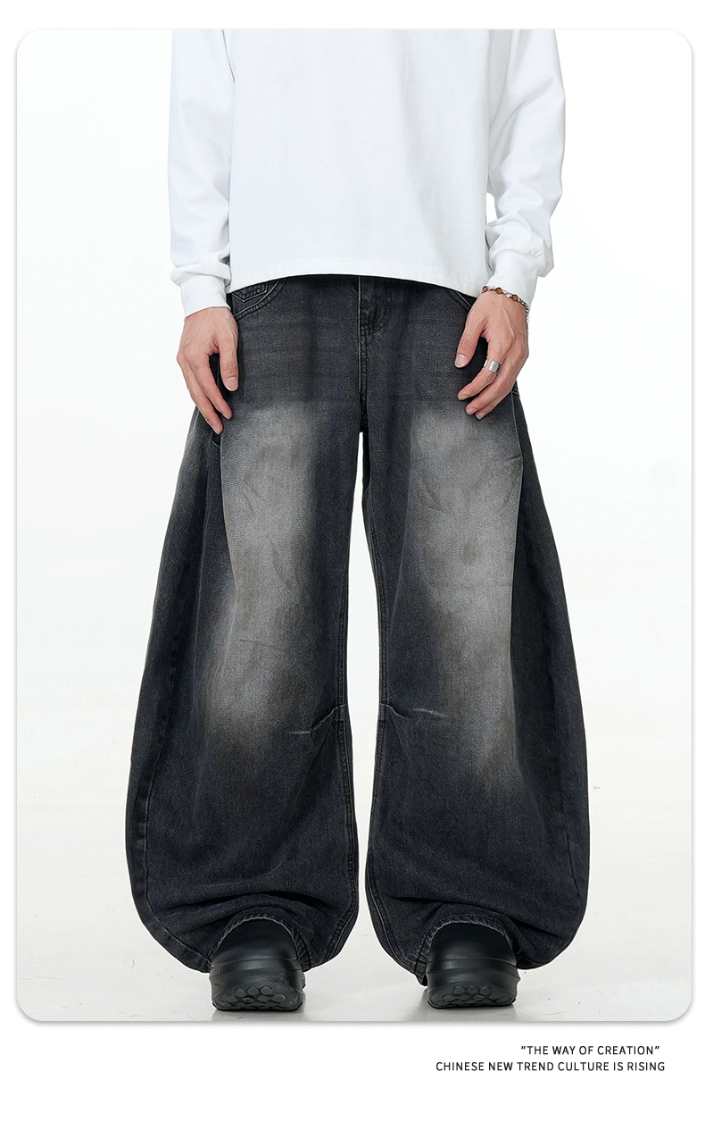 Black Faded Tapered Jeans Slim Baggy Loose Fit Casual Wide Leg Long Pants