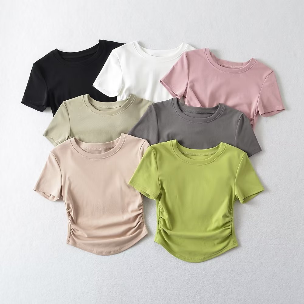 Slim Crew Half Sleeve Gathered Cropped Scalloped T-shirt
