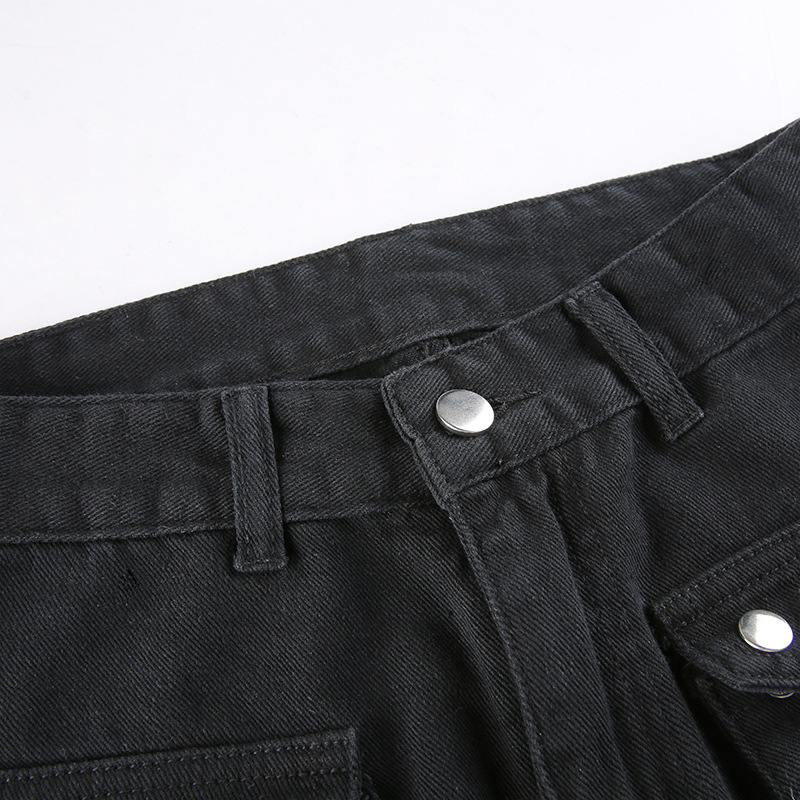 Metal buckle contrasting print high waisted workwear jeans for women