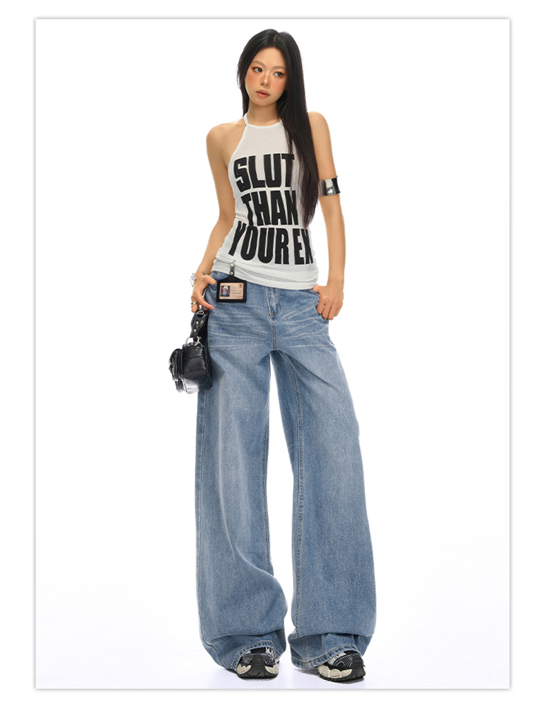 Vintage Washed Crease Wide Leg Pants Women High Waist Loose Slimming Drape Denim Pants Summer New Style