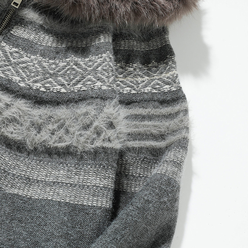 Matching Oversized Furry Trim Jacquard Knit Overcoat