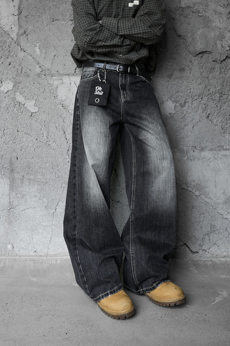 Vintage Washed Gradient Denim Pants Men's Design Street Style Couple Loose Versatile Straight Leg Casual Wide Leg Pants