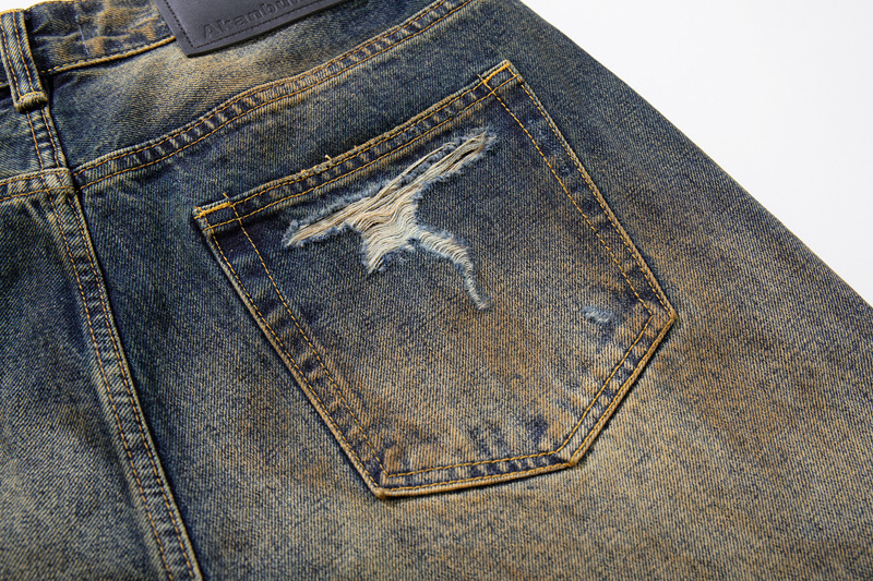 Vintage Washed Ripped Street Style Dagger Cut Denim Pants, Unisex Loose Clean Fit Wide Leg Floor-Length Trousers