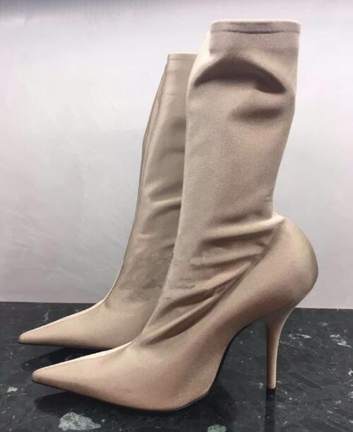 Floral Print Sexy Stiletto Sock Women Booties Stretch Pointed Toe High Heels Ankle Boots Fashion Botas Shoes Women Big Size 44