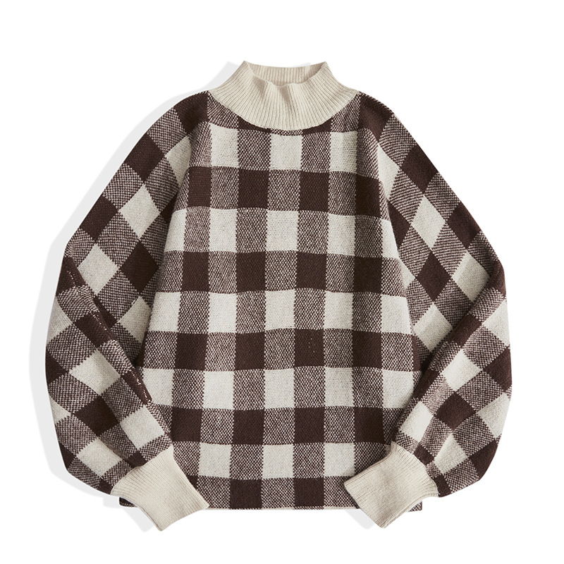 Ladies Mock Neck Checked Contrast Sweater