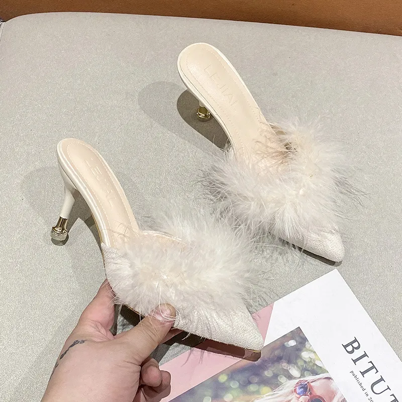 Women High Heel Shoes Fur Slippers Mules Pointed Toe Furry Slides Fashion Elegant Luxury Designer Flip Flops Office Pumps