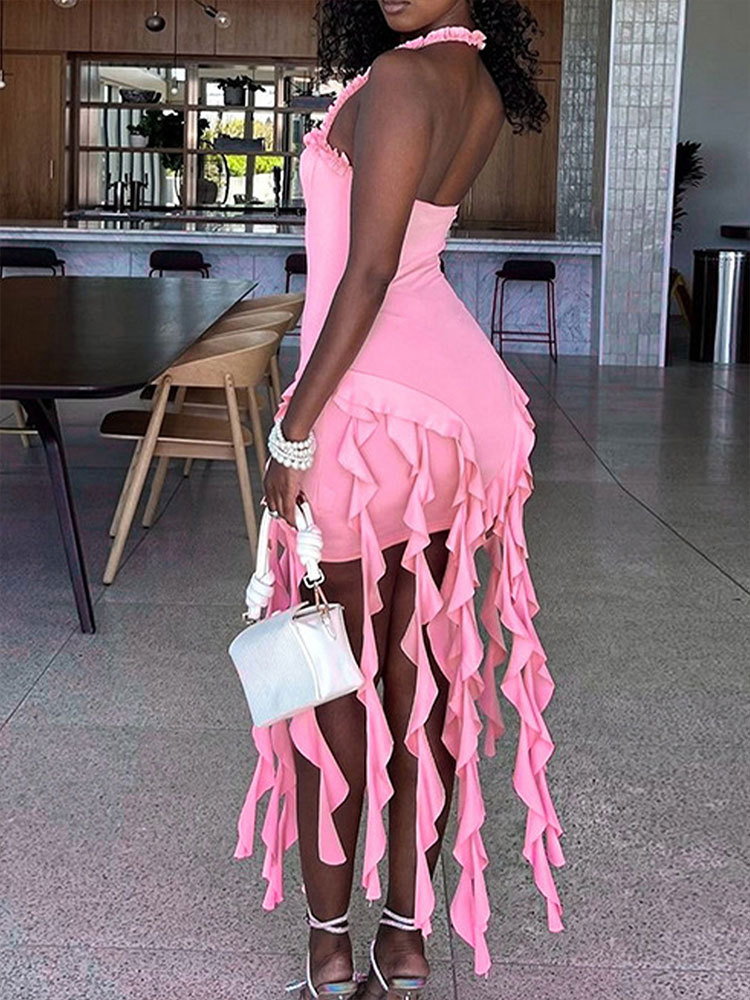 Tie-Neck Fringe Fitted Evening Dress