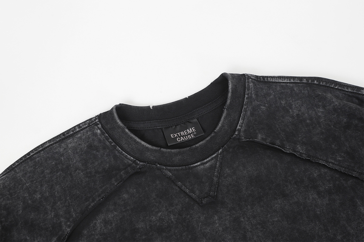 Vintage Frayed Raw-Edge Utility Cotton Crew Hoodie