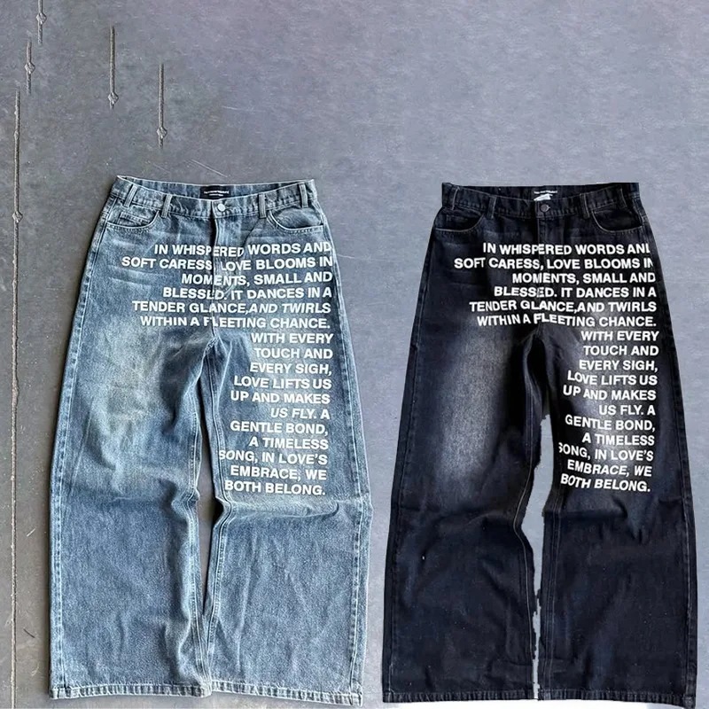 Style Retro Street Hip Hop Wide Leg Jeans with Water Washed Letter Print for Men Loose Long Pants Trendy