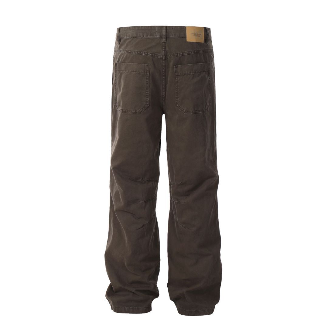 Work Pants Men Khaki Loose Retro Straight Pleated Design Wide Leg Trendy Casual Trousers