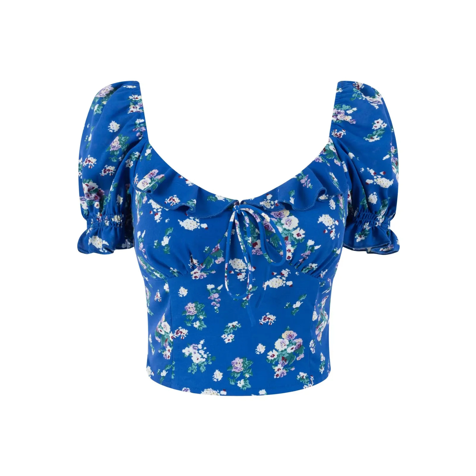 Straight Neck Tie Front Flower Puff Shirt