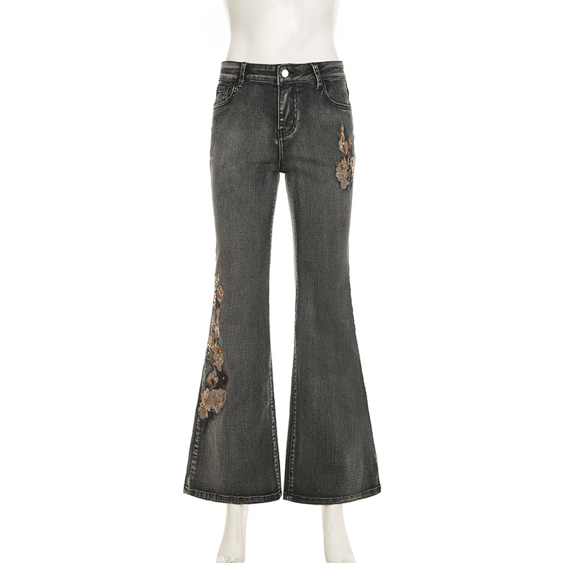 Bead embroidery floral design for vintage washed micro flared jeans