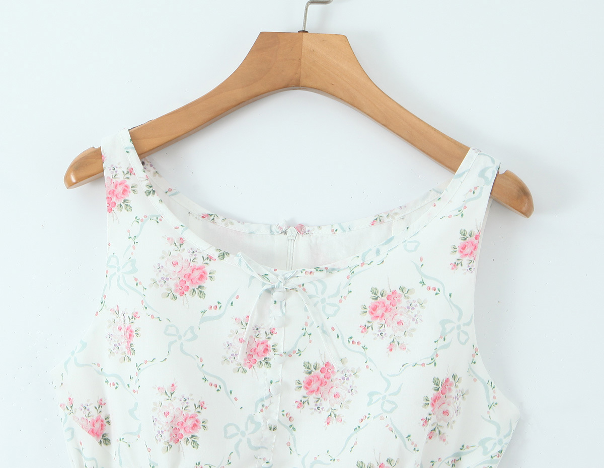 Sleeveless Botanical Print Midi Dress With Ribbon Tie