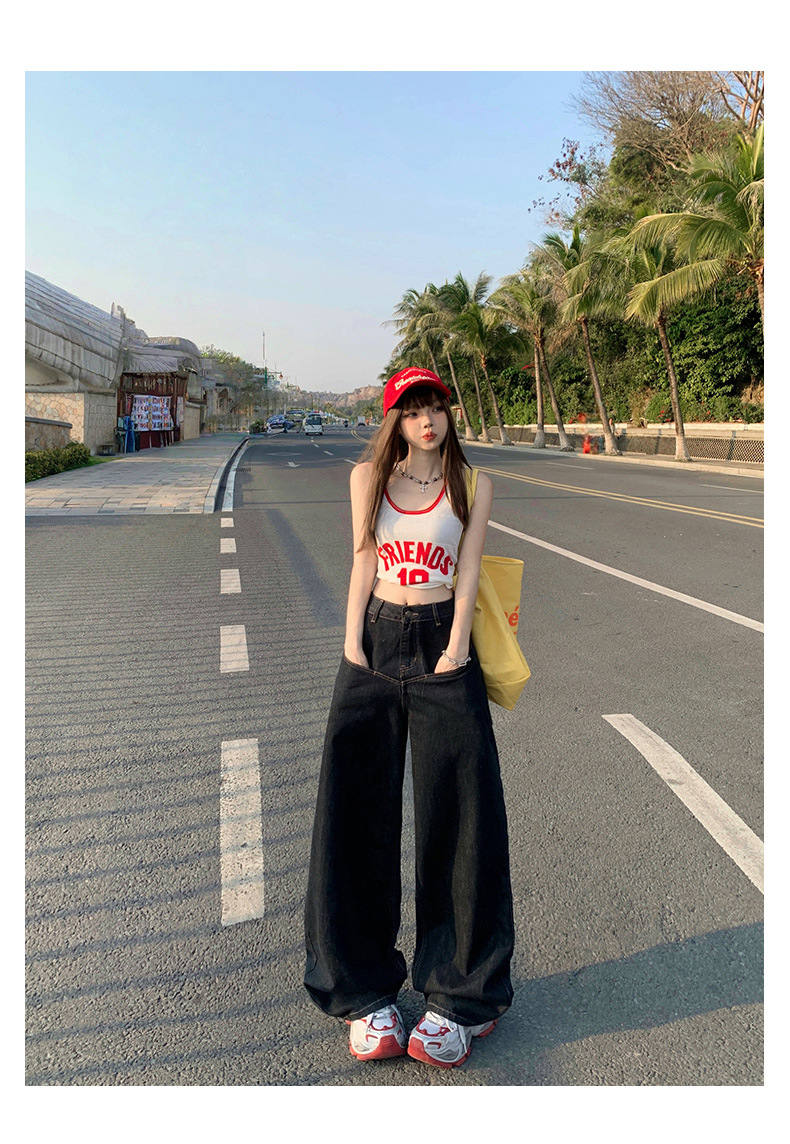 Loose Wide-Leg Jeans for Women Casual Drop-Crotch Pants with Drapey Patchwork Design