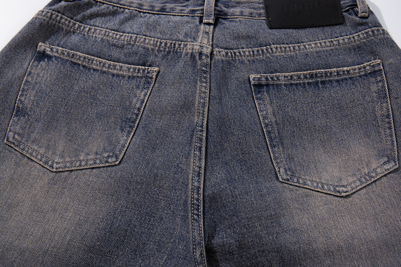 Washed Gradient Knife-Edge Denim Pants Men Streetwear High-Street Vibe Loose Straight Leg Wide Leg Pants