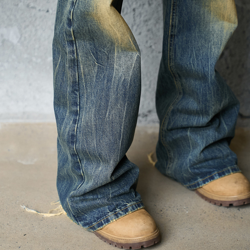 Washed Cat-Whisker Yellow Mud-Dyed Knife-Edge Jeans Women Cleanfit Washed Ripped Versatile Slightly Flared Pants