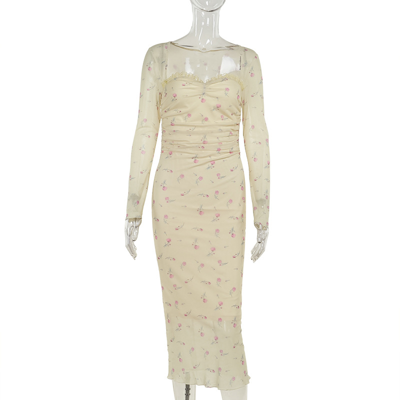 Vintage Square Neck Full-Sleeve Fitted Elastic Polyester Dress