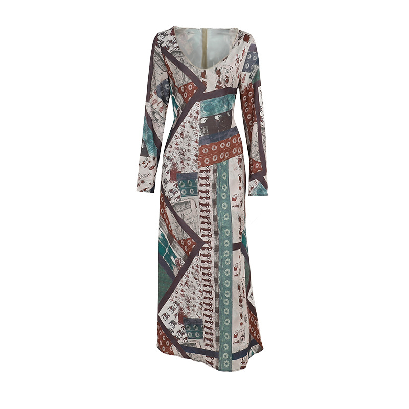 Stretch Vintage Fall Patterned Plunge Long Sleeve Dress