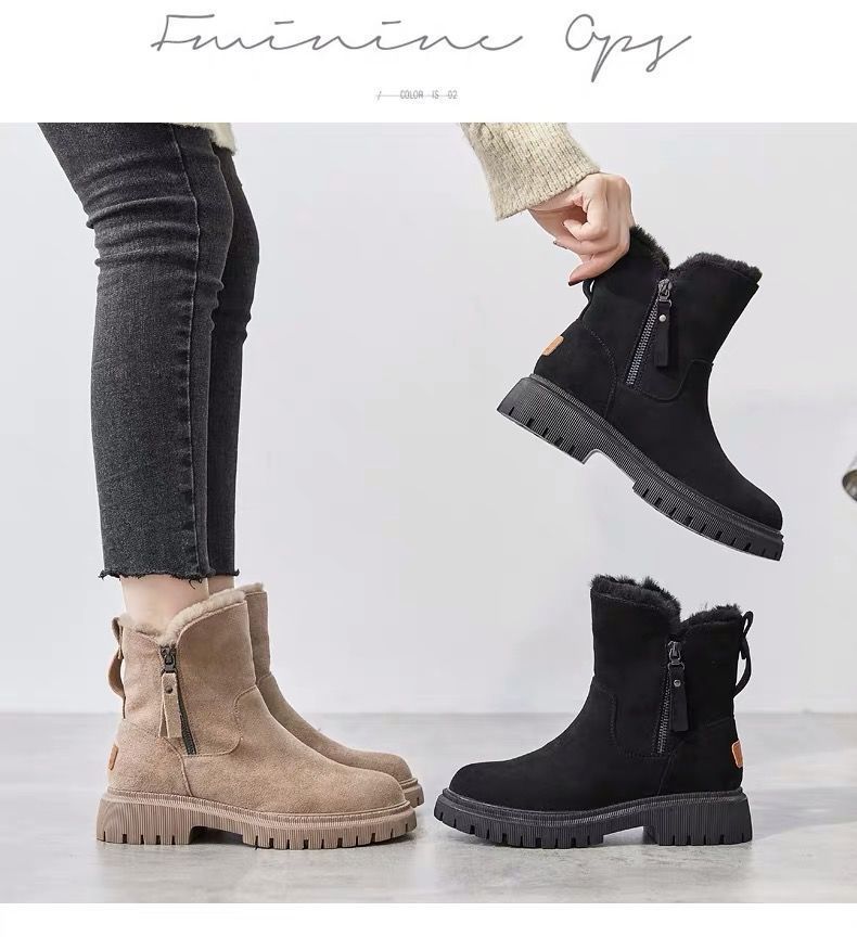 Winter women's boots with thick and warm cotton shoes and fur integrated in the middle tube and velvet