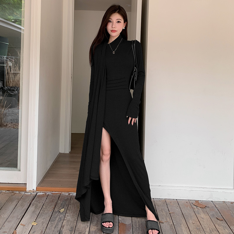 Mock Neck Full Sleeve Slit Fitted Dress