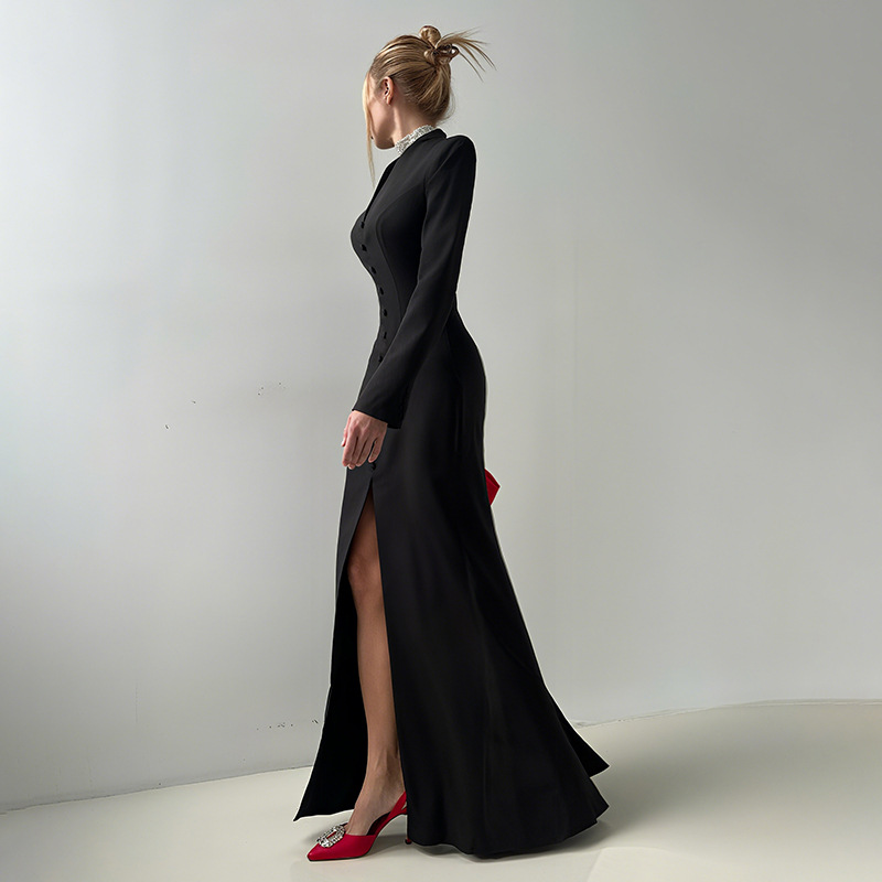 Plunging Neckline Long Sleeve Cinched Torso Vented Dress