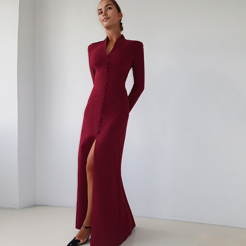 Plunging Neckline Long Sleeve Cinched Torso Vented Dress
