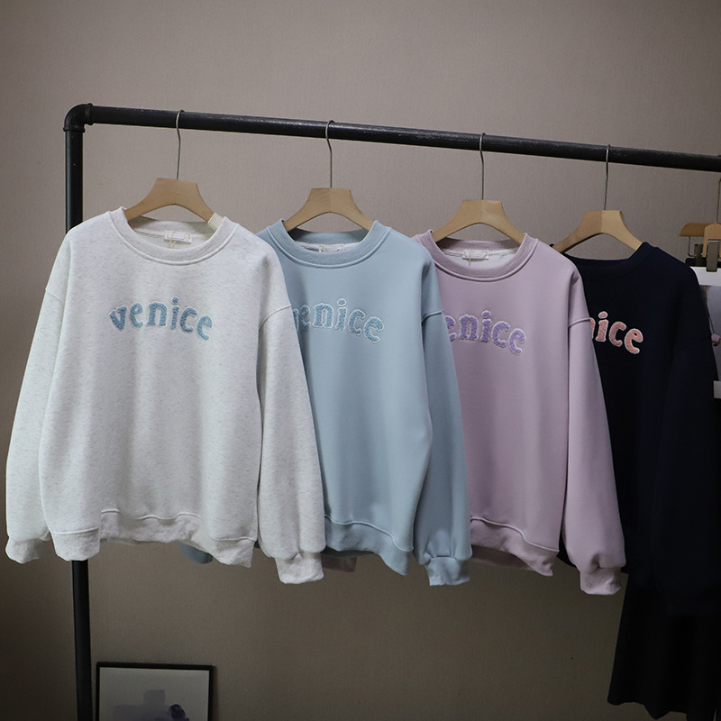Letter Towel Embroidery Fleece Lined Thick Loose Casual Hoodie for Women