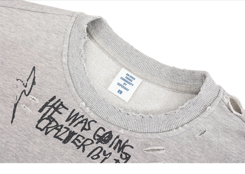 Faded Distressed Loop Denim Destroyed Retro Crewneck Sweatshirt Men Loose Fit