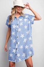 Sky Blue Star Print Frayed Hem Buttoned Denim Mini Dress - Image 3